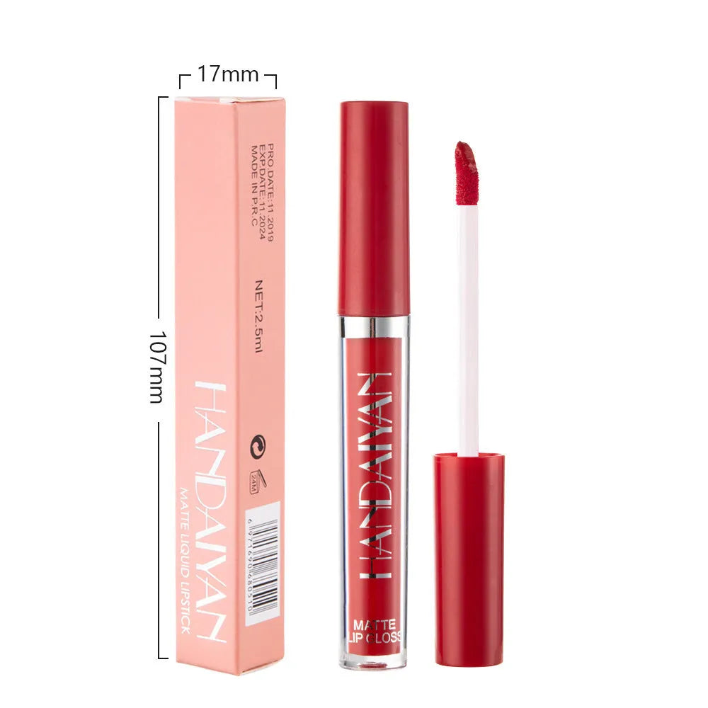 HANDAIYAN matte non-stick cup liquid lipstick in 2.5ml size showing colour options.