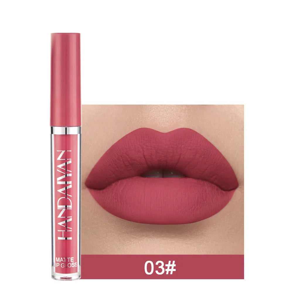 HANDAIYAN matte non-stick cup liquid lipstick in 2.5ml size showing colour options.