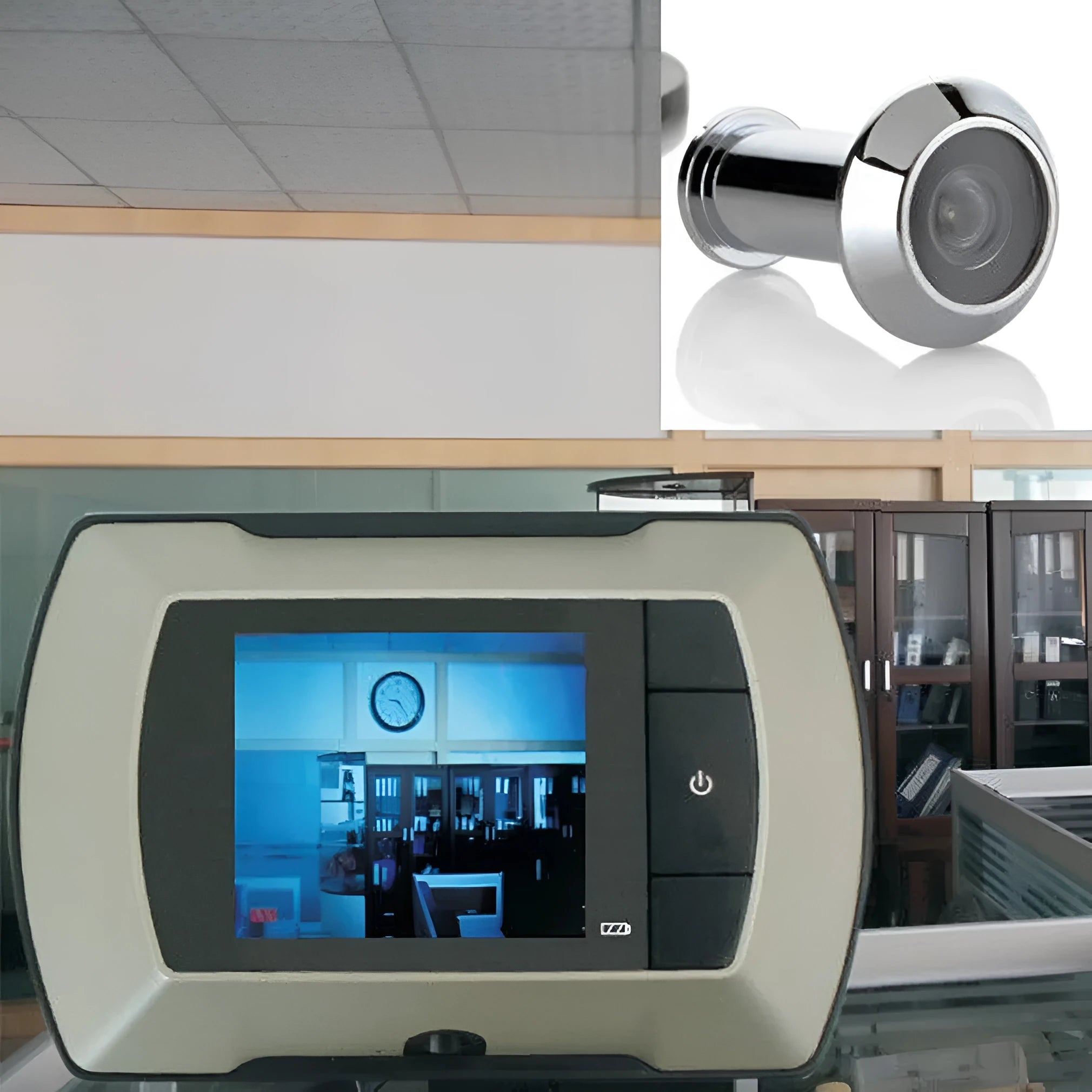 Wireless digital door peephole viewer with LCD screen and outdoor camera for DIY installation.
