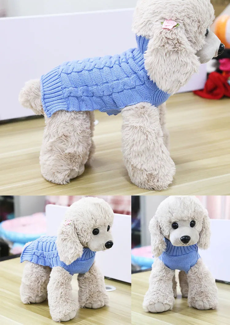 Wool twisted rope style dog sweater shown in multiple colours and sizes for small pets.