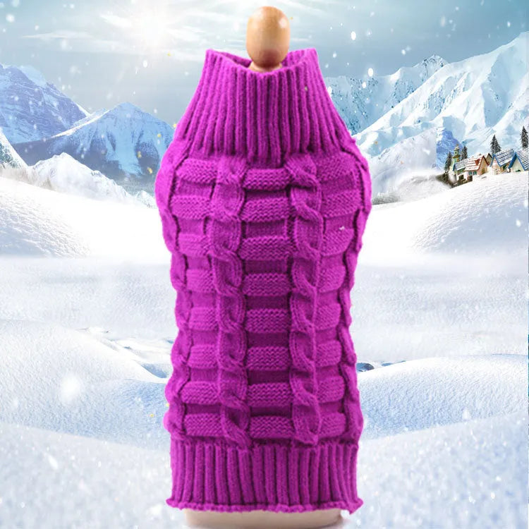 Wool twisted rope style dog sweater shown in multiple colours and sizes for small pets.