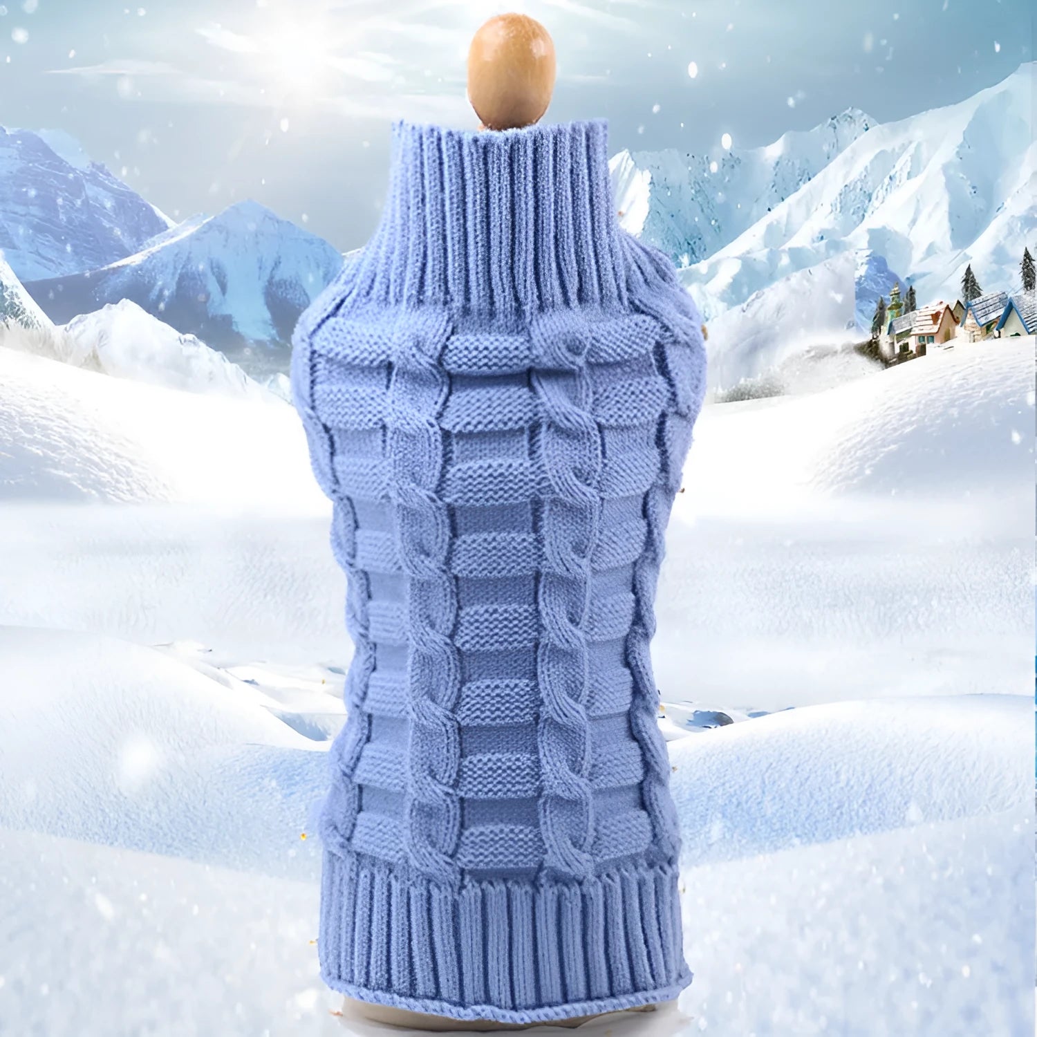 Wool twisted rope style dog sweater shown in multiple colours and sizes for small pets.