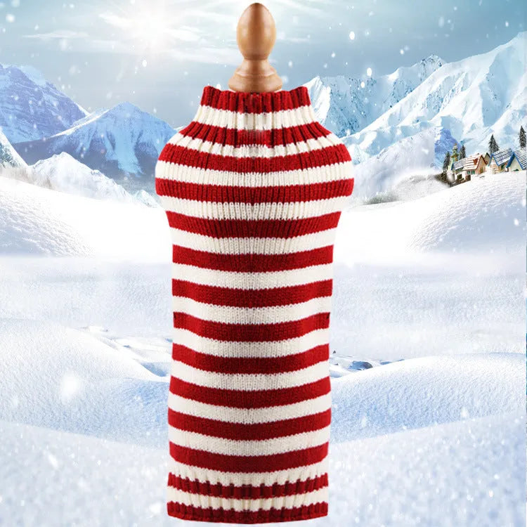 Wool twisted rope style dog sweater shown in multiple colours and sizes for small pets.