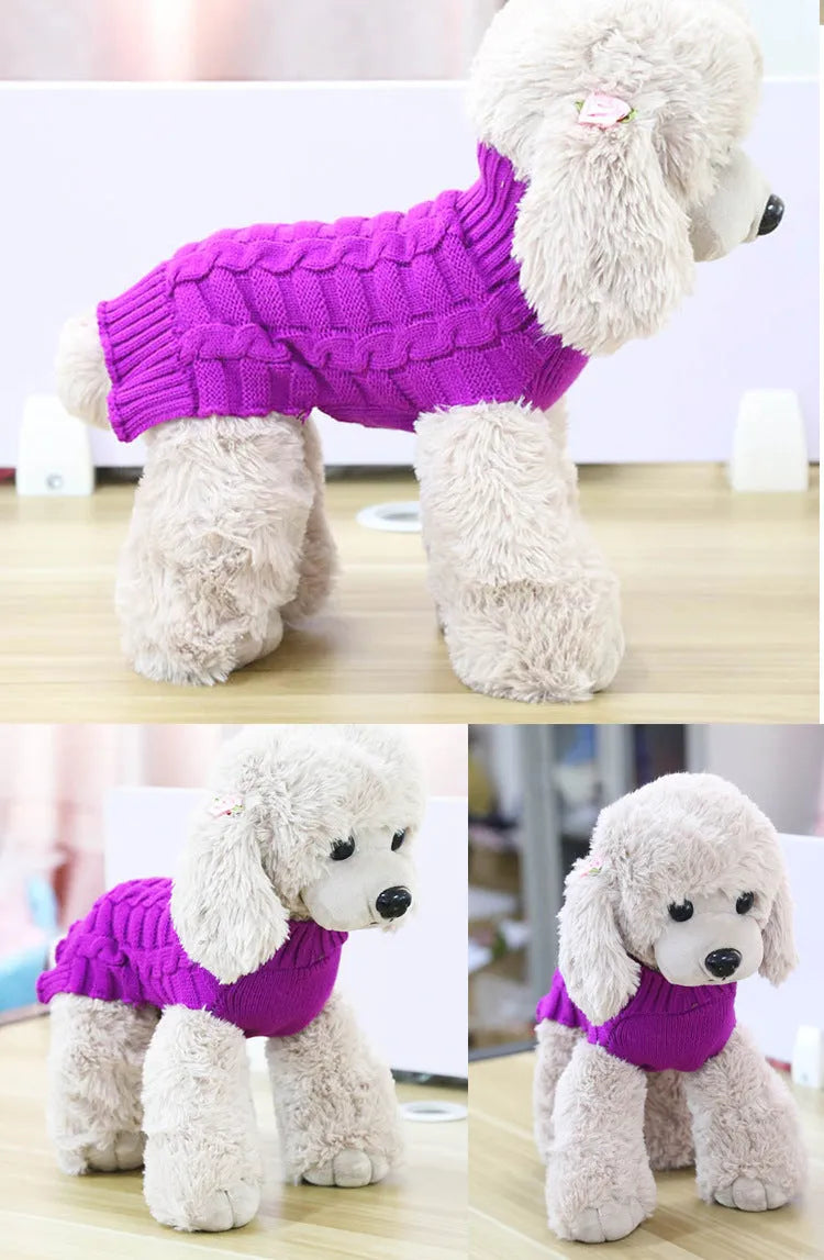 Wool twisted rope style dog sweater shown in multiple colours and sizes for small pets.