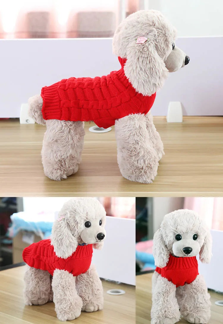 Wool twisted rope style dog sweater shown in multiple colours and sizes for small pets.
