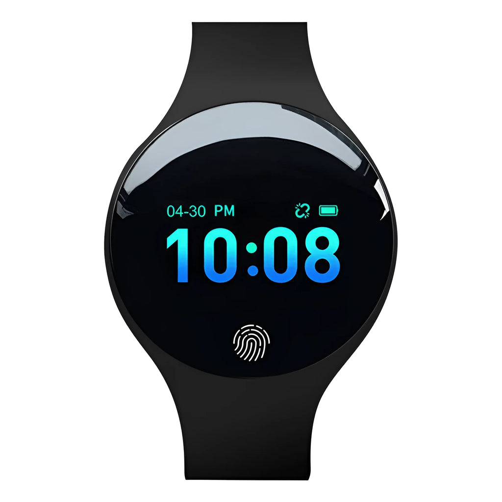 Smart watch with coloured band on wrist, showing digital screen displaying time and step count.