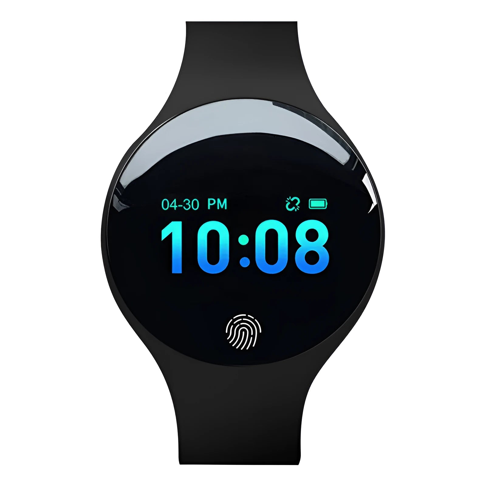 Smart watch with coloured band on wrist, showing digital screen displaying time and step count.