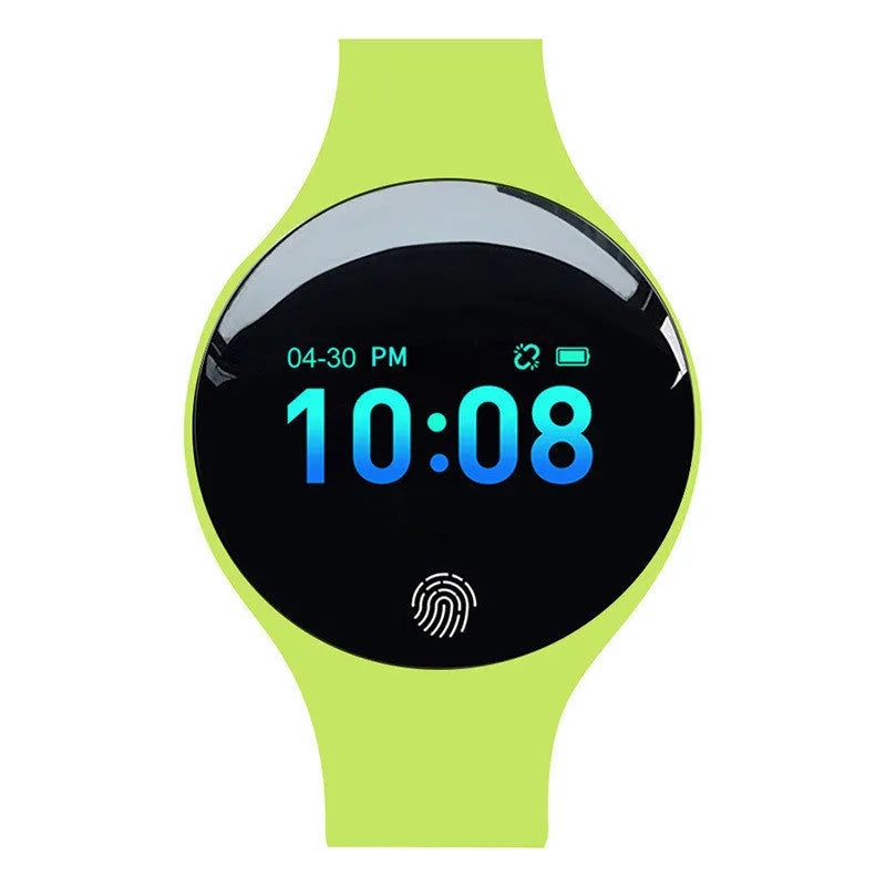 Smart watch with coloured band on wrist, showing digital screen displaying time and step count.