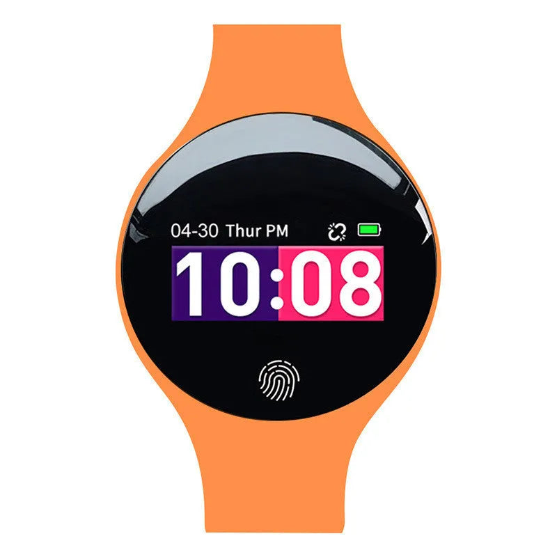 Smart watch with coloured band on wrist, showing digital screen displaying time and step count.