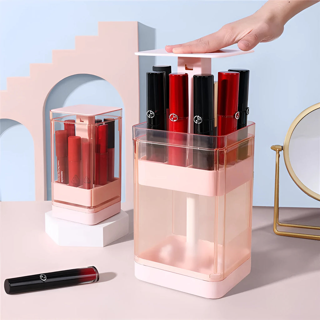 Press lift lipstick storage box with transparent lid and dust-proof belt cover in pink or white
