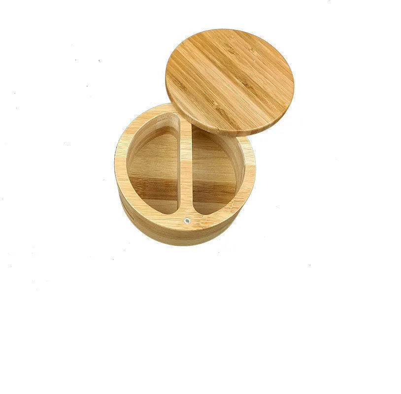 Bamboo spice storage set with a square box, pear-shaped jar, round container, and a small bamboo spoon.