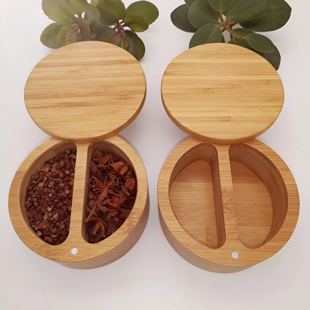Bamboo spice storage set with a square box, pear-shaped jar, round container, and a small bamboo spoon.