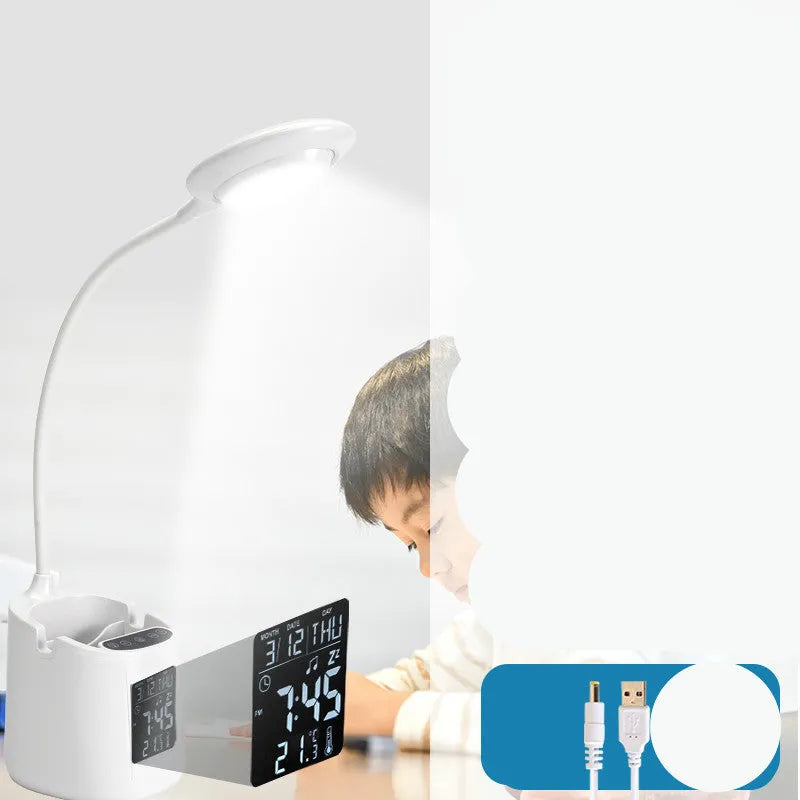 White USB rechargeable desk lamp with touch switch and eye protection learning light.