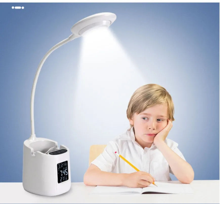 White USB rechargeable desk lamp with touch switch and eye protection learning light.
