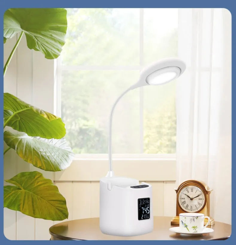 White USB rechargeable desk lamp with touch switch and eye protection learning light.