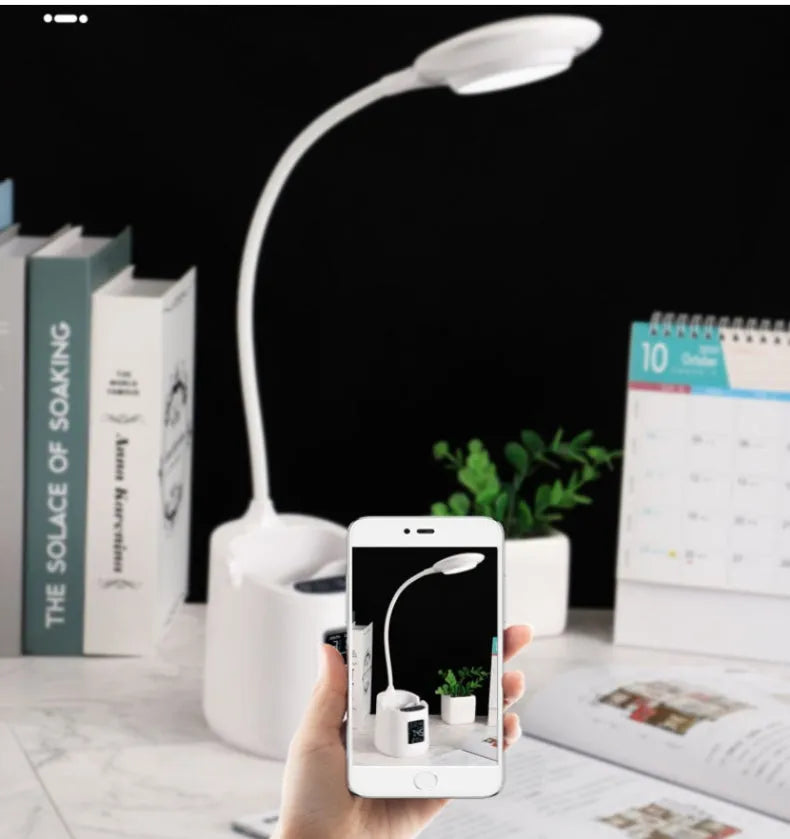 White USB rechargeable desk lamp with touch switch and eye protection learning light.