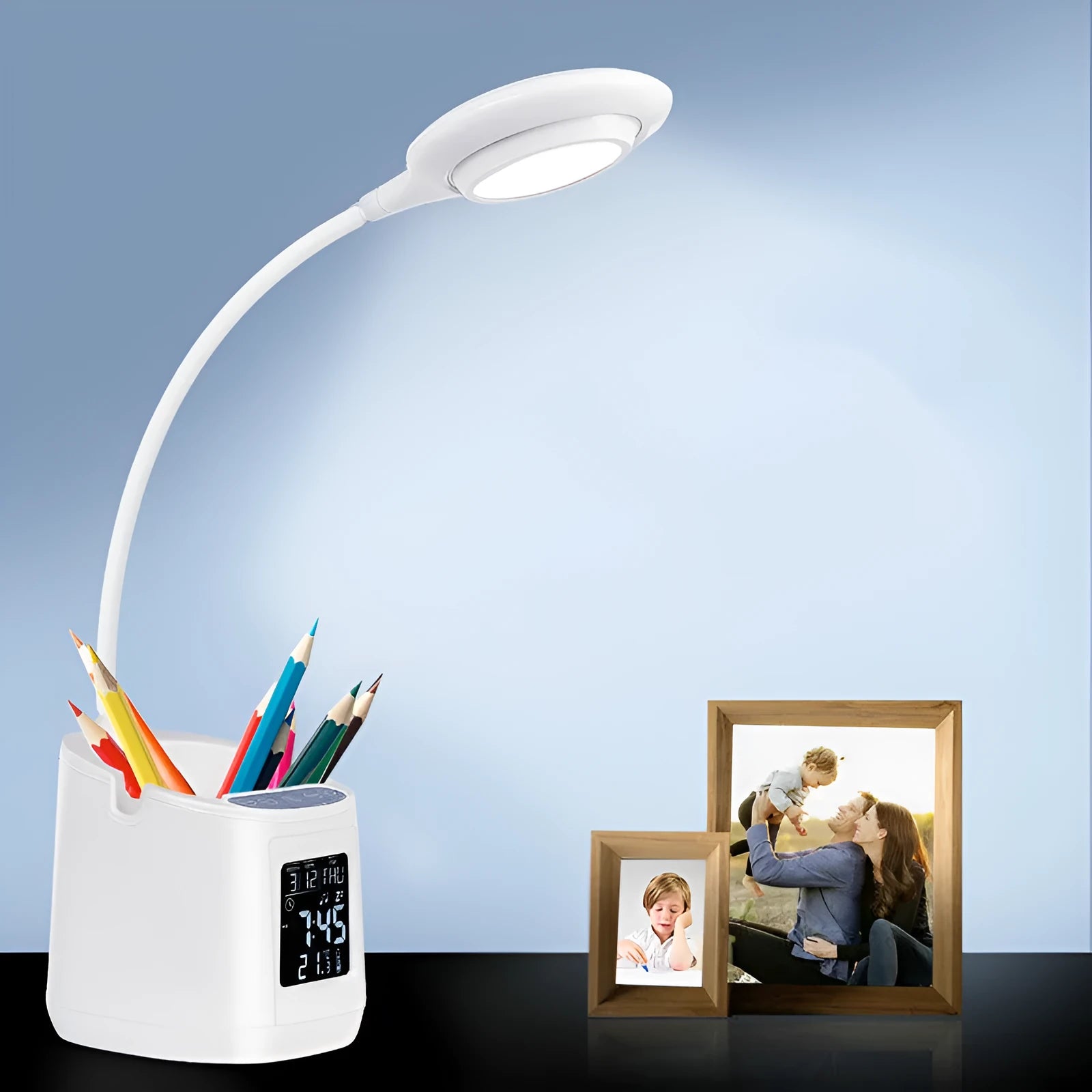 White USB rechargeable desk lamp with touch switch and eye protection learning light.