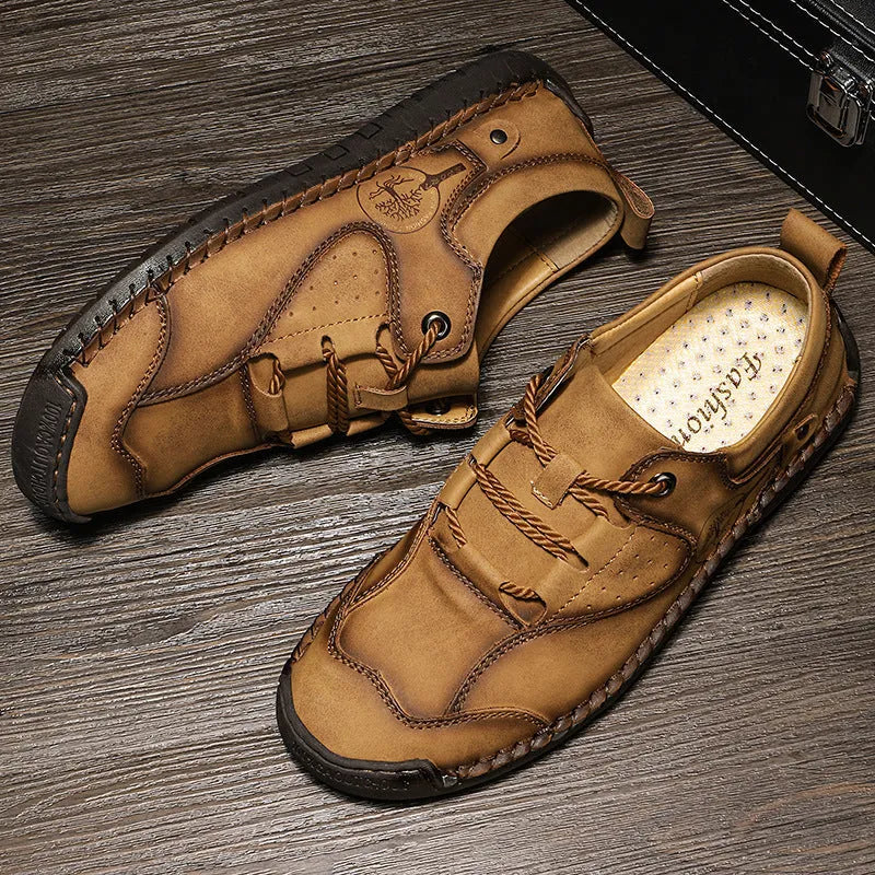 Men's casual leather shoes with microfiber upper in black, gold or khaki colours