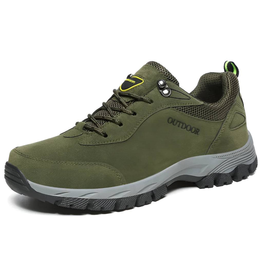 Men's low-cut hiking shoe in army green with mesh upper, shown from the side.
