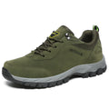 Men's low-cut hiking shoe in army green with mesh upper, shown from the side.