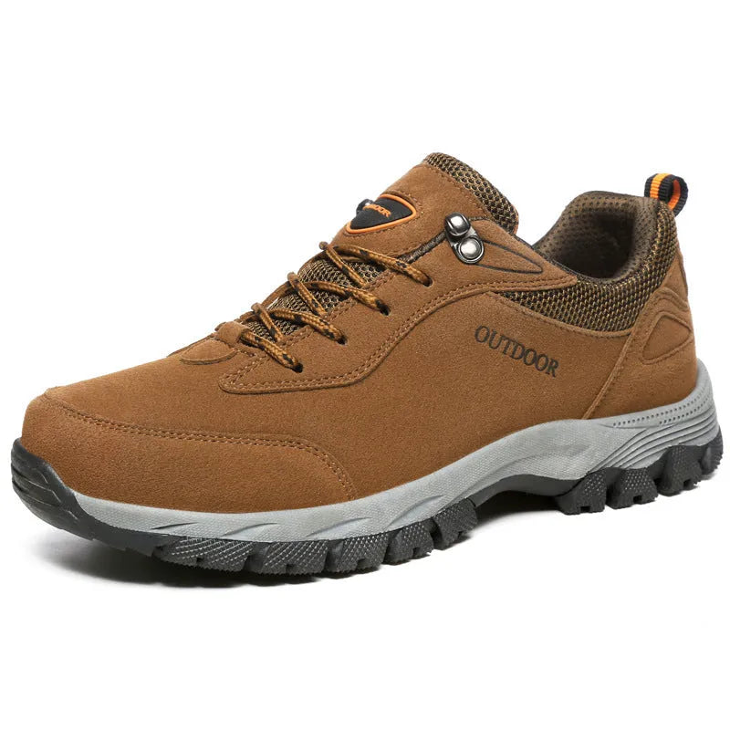 Men's low-cut hiking shoe in army green with mesh upper, shown from the side.