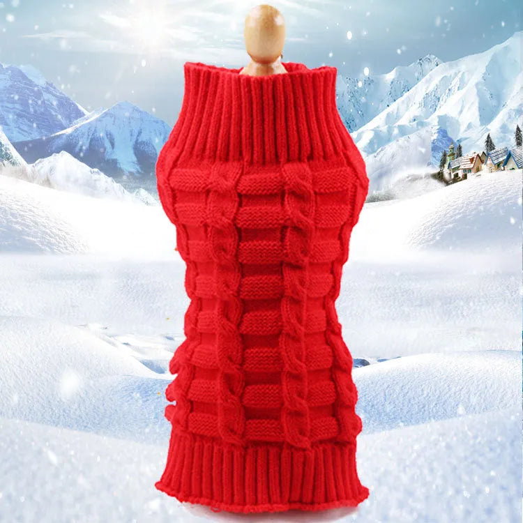 Wool twisted rope style dog sweater shown in multiple colours and sizes for small pets.