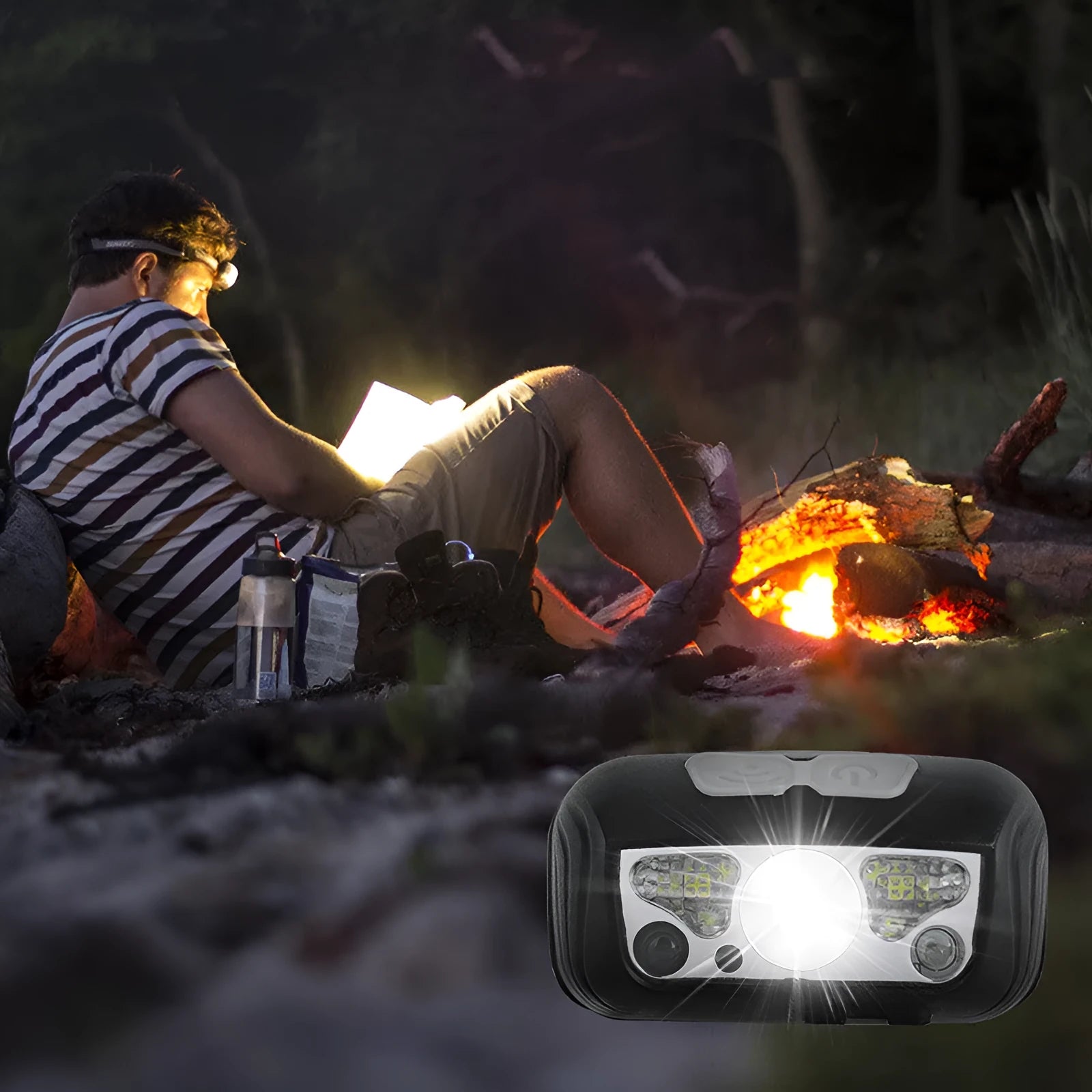 Black USB rechargeable sensor headlight showing white and red LED beams, with hand demonstrating wave control.