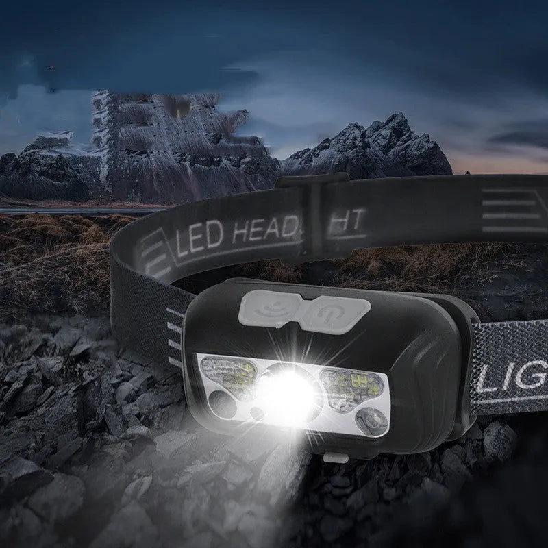 Black USB rechargeable sensor headlight showing white and red LED beams, with hand demonstrating wave control.