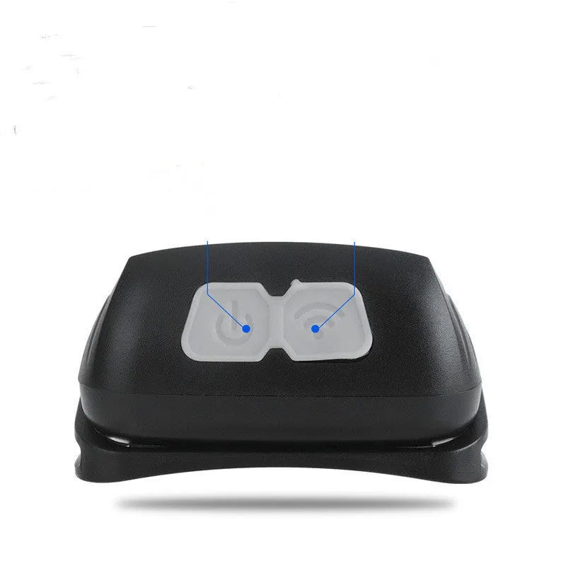 Black USB rechargeable sensor headlight showing white and red LED beams, with hand demonstrating wave control.