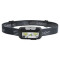 Black USB rechargeable sensor headlight showing white and red LED beams, with hand demonstrating wave control.