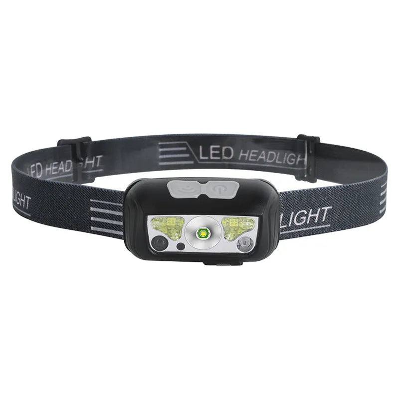 Black USB rechargeable sensor headlight showing white and red LED beams, with hand demonstrating wave control.