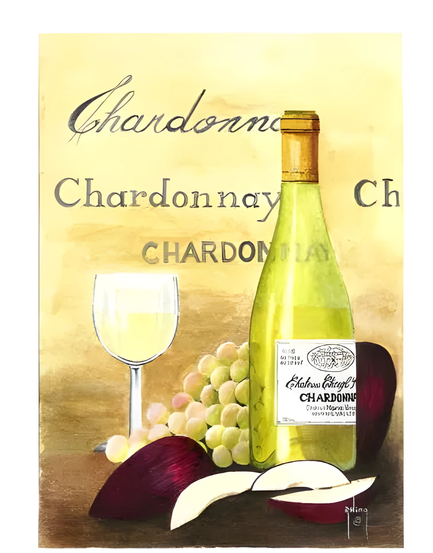 DIY digital painting kit showing apple and chardonnay design on linen canvas with brushes and paints