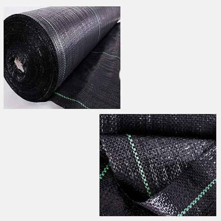 Black plastic woven weed-proof cloth laid flat on soil.