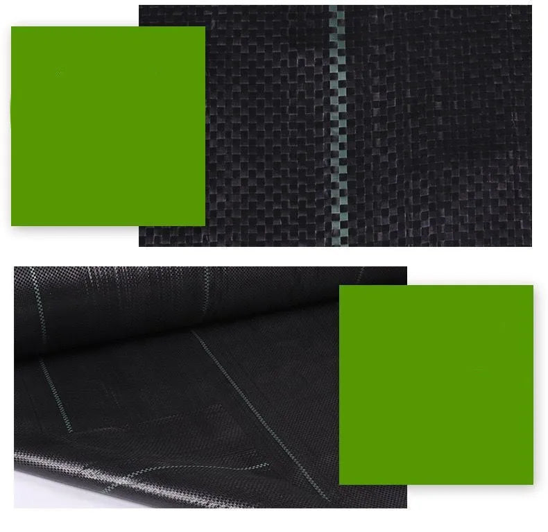 Black plastic woven weed-proof cloth laid flat on soil.