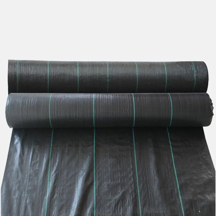 Black plastic woven weed-proof cloth laid flat on soil.
