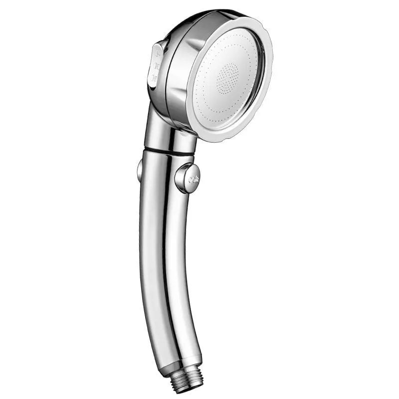 Blue ABS plastic handheld shower head with universal connector on a white background.