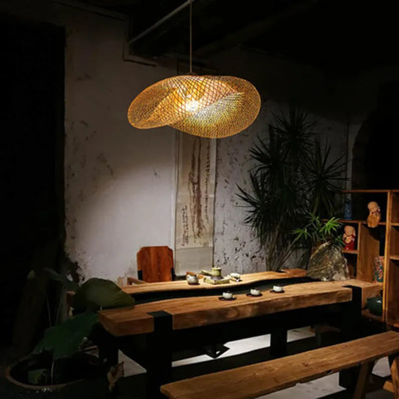 Natural bamboo chandelier with 40cm shell for Zen tea room lighting