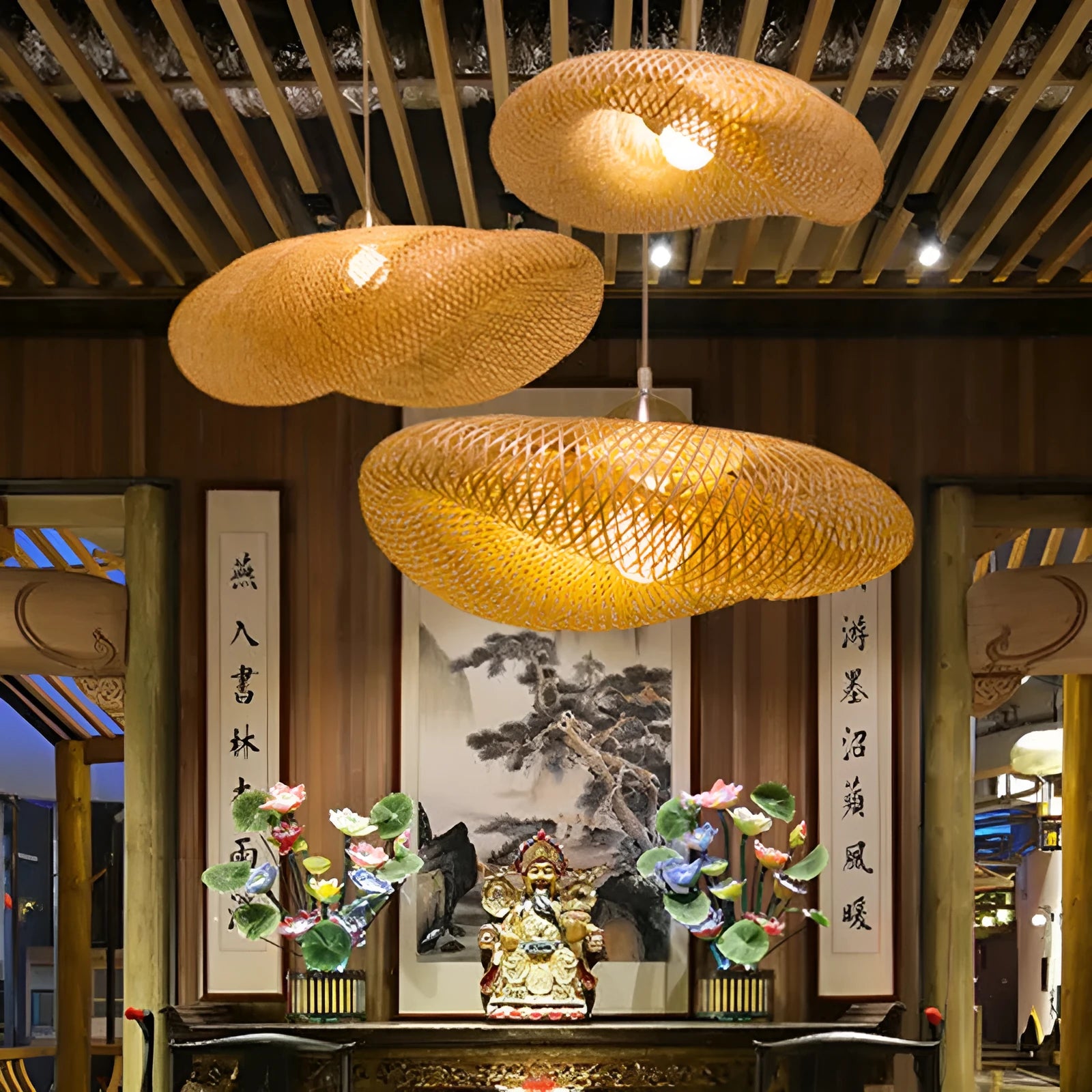 Natural bamboo chandelier with 40cm shell for Zen tea room lighting