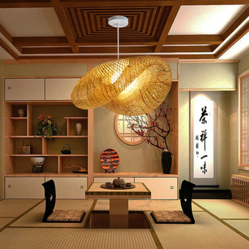 Natural bamboo chandelier with 40cm shell for Zen tea room lighting