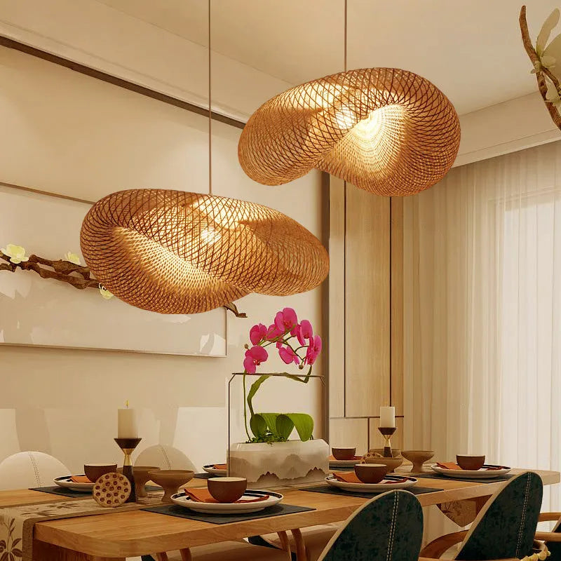 Natural bamboo chandelier with 40cm shell for Zen tea room lighting