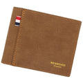 Men's short retro tri-fold leather wallet in black, navy, dark brown, and light brown.