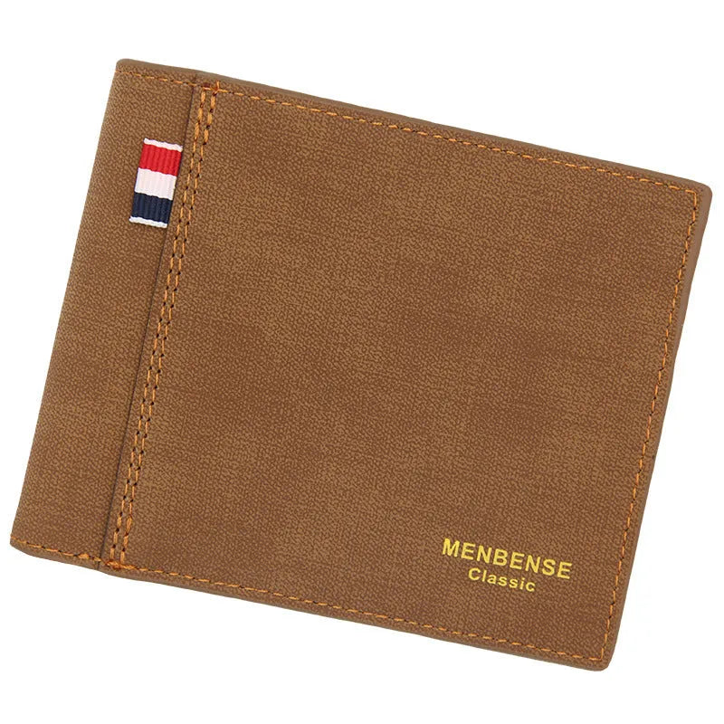 Men's short retro tri-fold leather wallet in black, navy, dark brown, and light brown.
