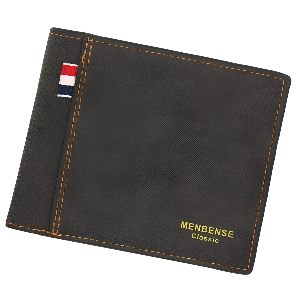 Men's short retro tri-fold leather wallet in black, navy, dark brown, and light brown.