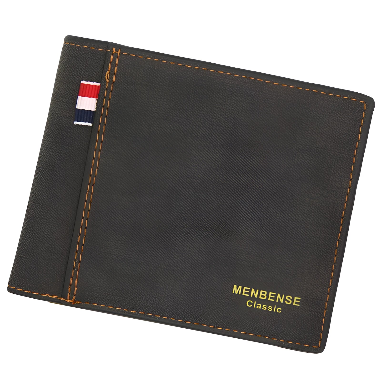 Men's short retro tri-fold leather wallet in black, navy, dark brown, and light brown.