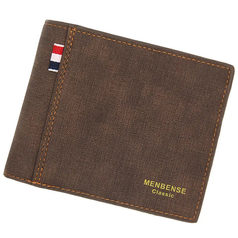 Men's short retro tri-fold leather wallet in black, navy, dark brown, and light brown.
