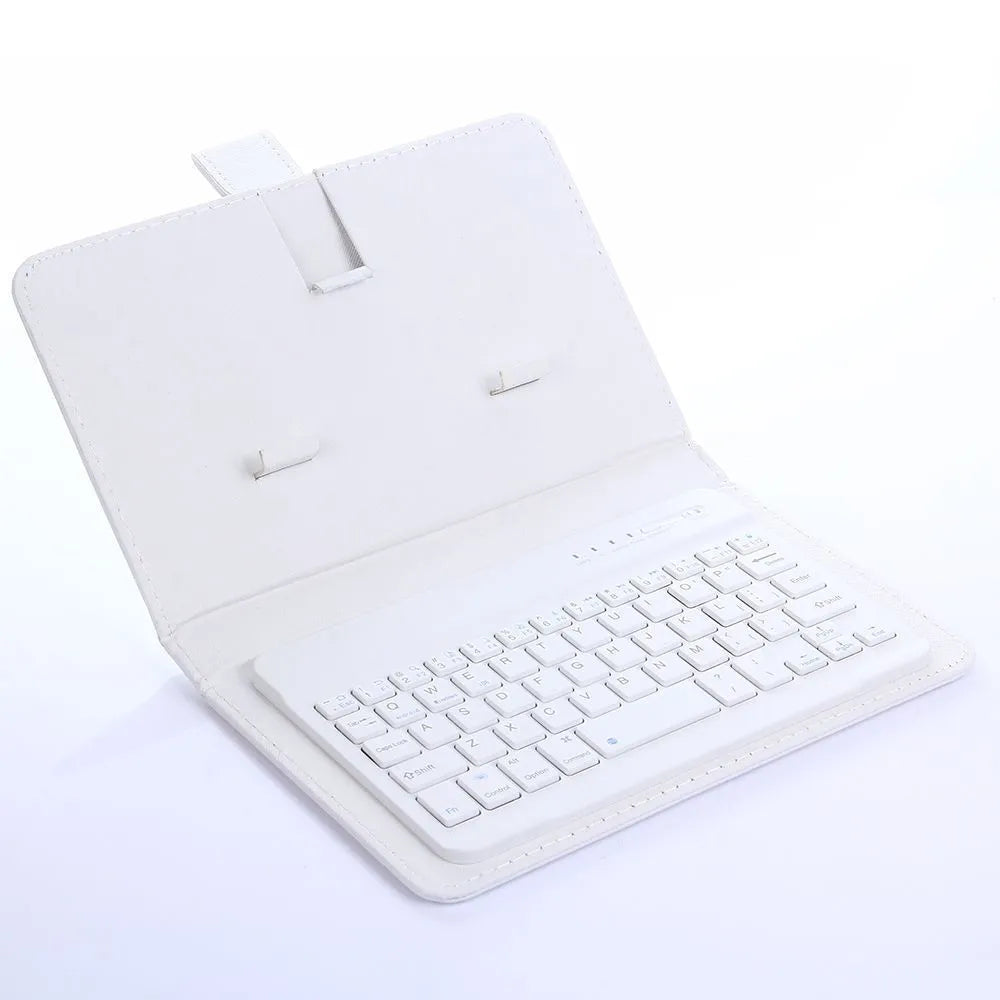 Bluetooth keyboard holster in black with phone inserted, showing stand function and keyboard layout