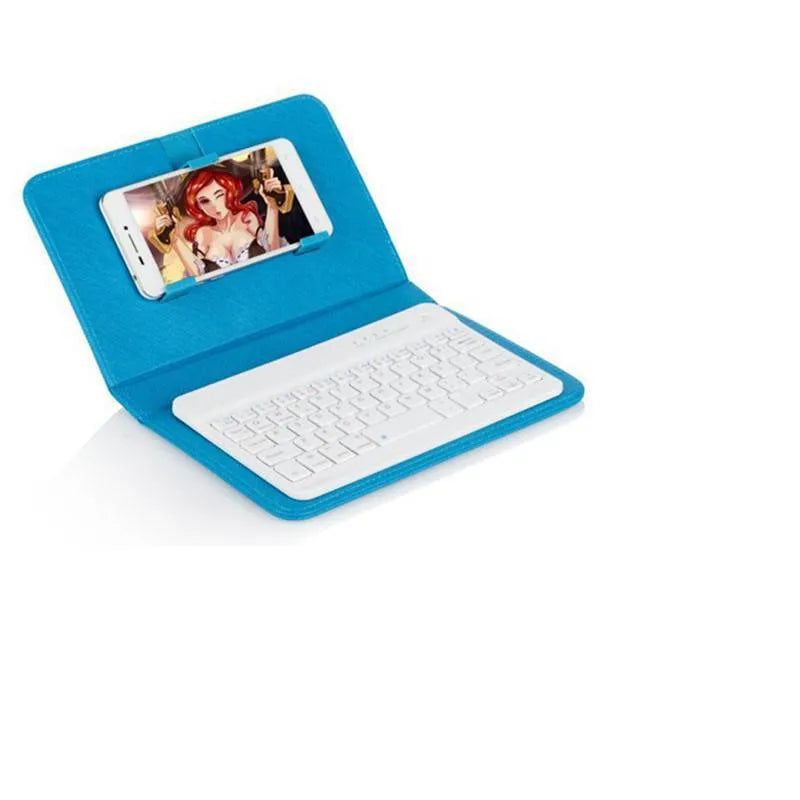 Bluetooth keyboard holster in black with phone inserted, showing stand function and keyboard layout