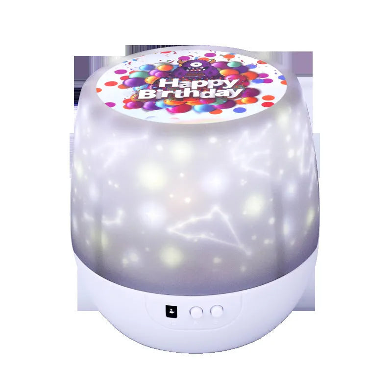 Starry sky projector showing cosmic film projection with compact plastic housing measuring 133mm by 127mm