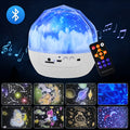 Starry sky projector showing cosmic film projection with compact plastic housing measuring 133mm by 127mm