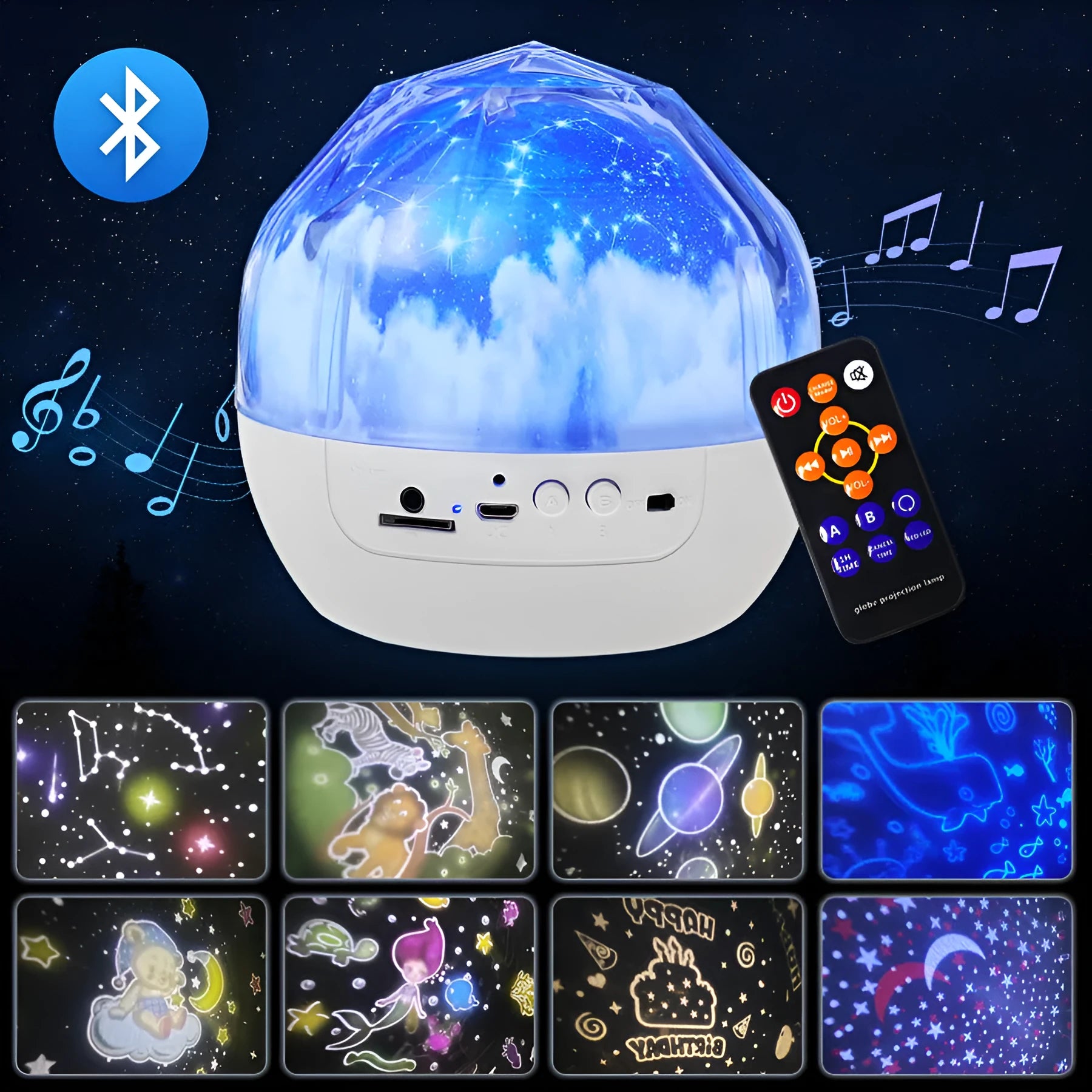 Starry sky projector showing cosmic film projection with compact plastic housing measuring 133mm by 127mm